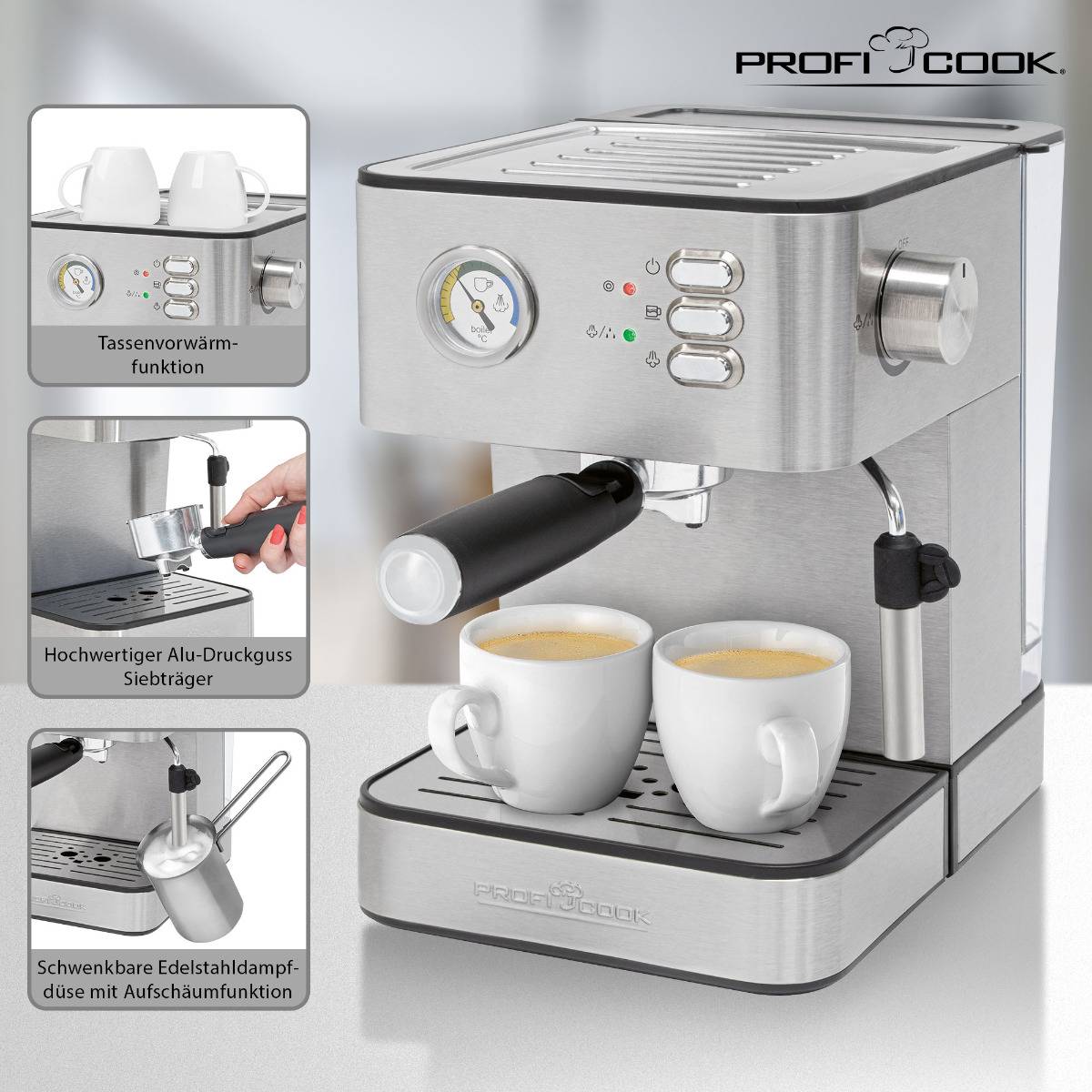 Profi Cook PC-ES 1209 Espressomaschine mit Siebträger Edelstahl 850 W