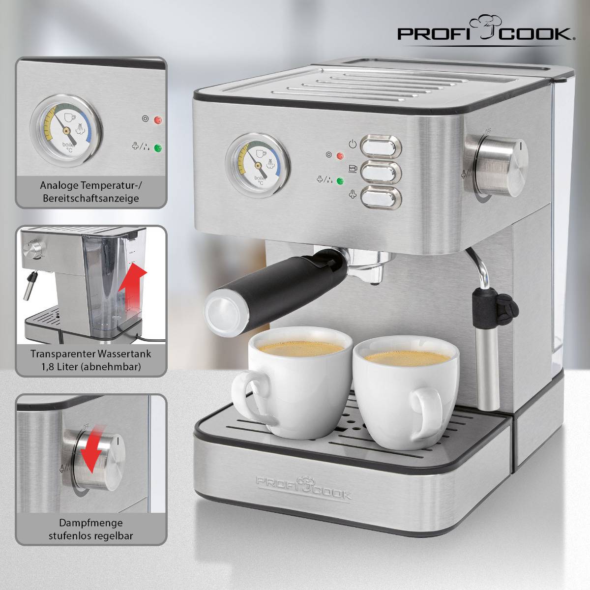 Profi Cook PC-ES 1209 Espressomaschine mit Siebträger Edelstahl 850 W