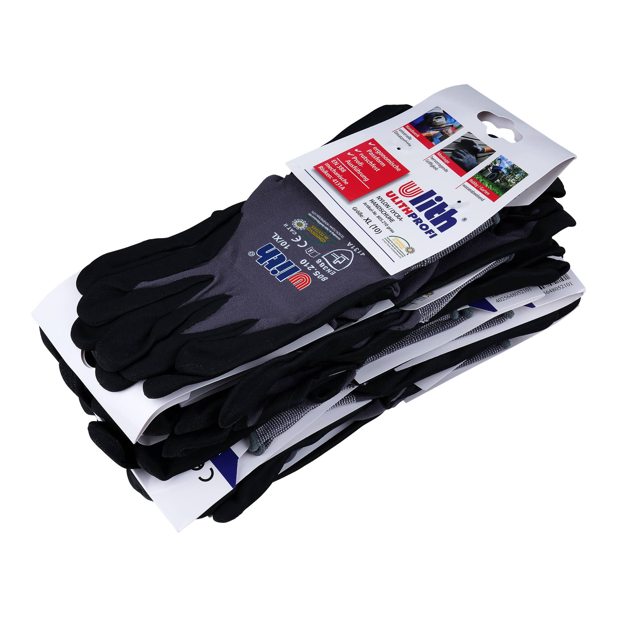 ULITH Arbeitshandschuh PROFI-Montage-Feinstrickhandschuhe aus Nylon/Lycra - grau/schwarz - Größe 11