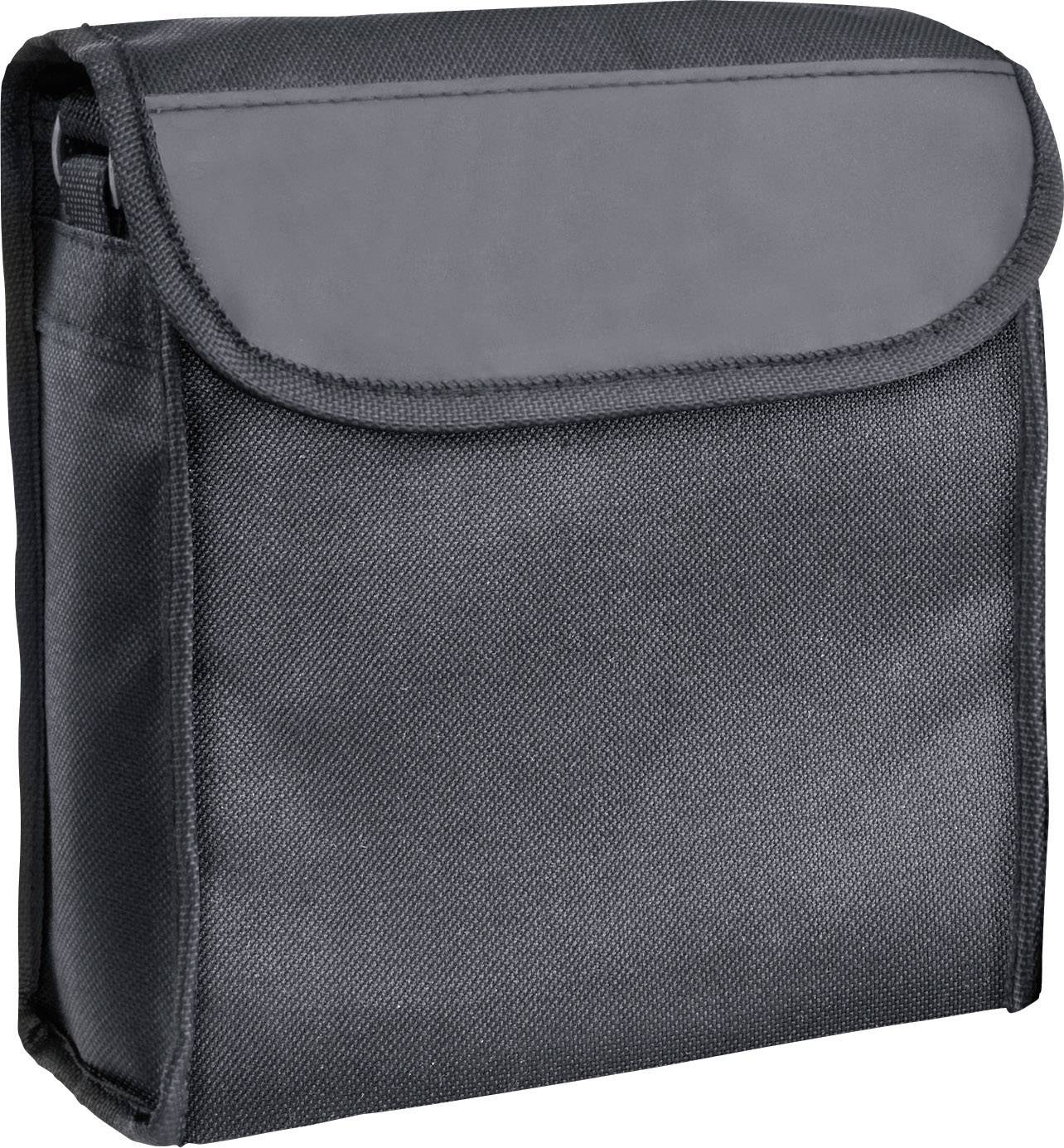 Schwarze, quadratische Tasche mit Klappverschluss, geeignet für den Transport von kleinen Gegenständen.