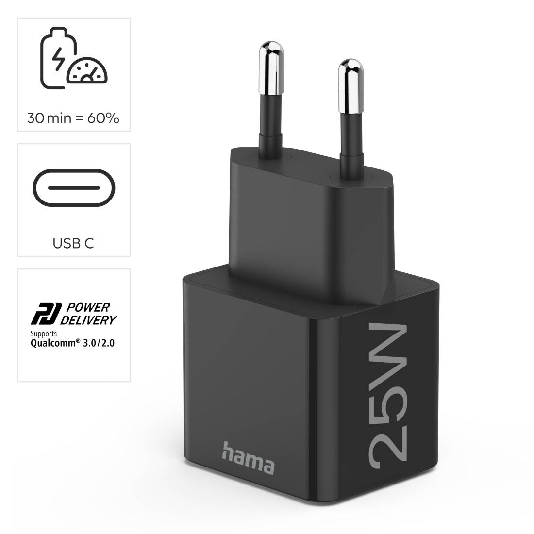 hama 00201651 Schnellladegerät, USB-C, Mini-Ladegerät, PD, 25 W, Schwarz