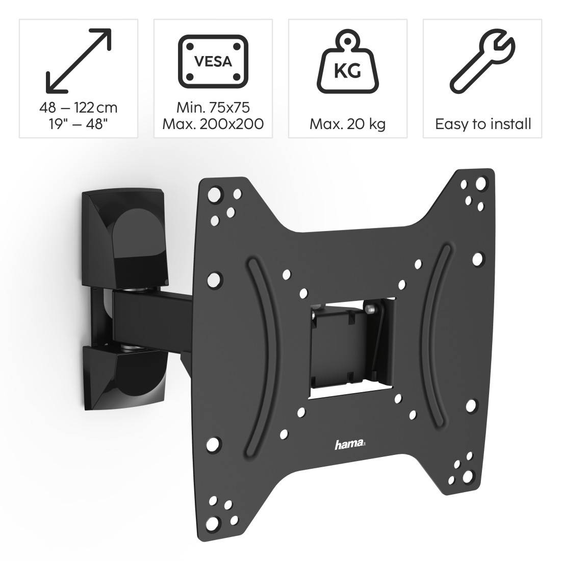 hama 00118100 TV-Wandhalterung FULLMOTION, 1 Stern, 200x200, 122cm (48"), 1 Arm, Schwarz