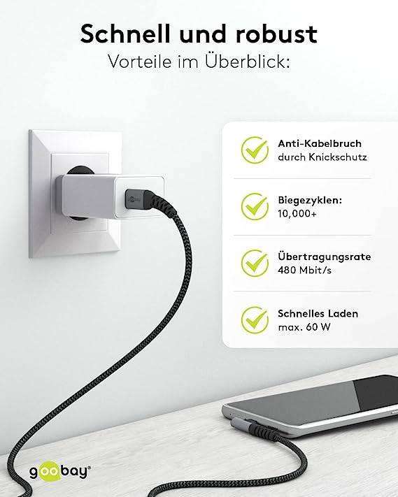 Goobay 64659 USB C auf USB C 90° gewinkelt Handy Kabel Ladekabel Adapterkabel 480 Mbit/s Textilkabel Stoffkabel Grau 1m