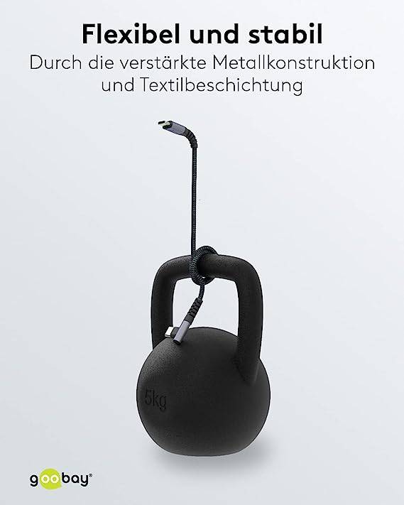 Goobay 64659 USB C auf USB C 90° gewinkelt Handy Kabel Ladekabel Adapterkabel 480 Mbit/s Textilkabel Stoffkabel Grau 1m