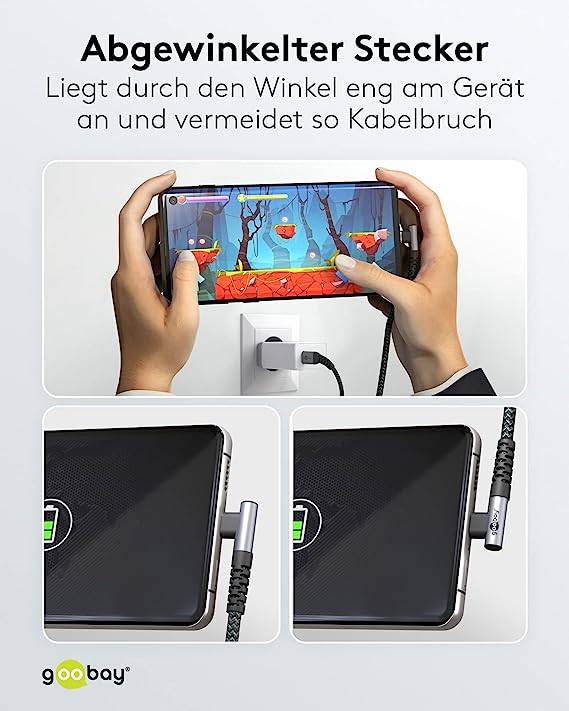 Goobay 64659 USB C auf USB C 90° gewinkelt Handy Kabel Ladekabel Adapterkabel 480 Mbit/s Textilkabel Stoffkabel Grau 1m