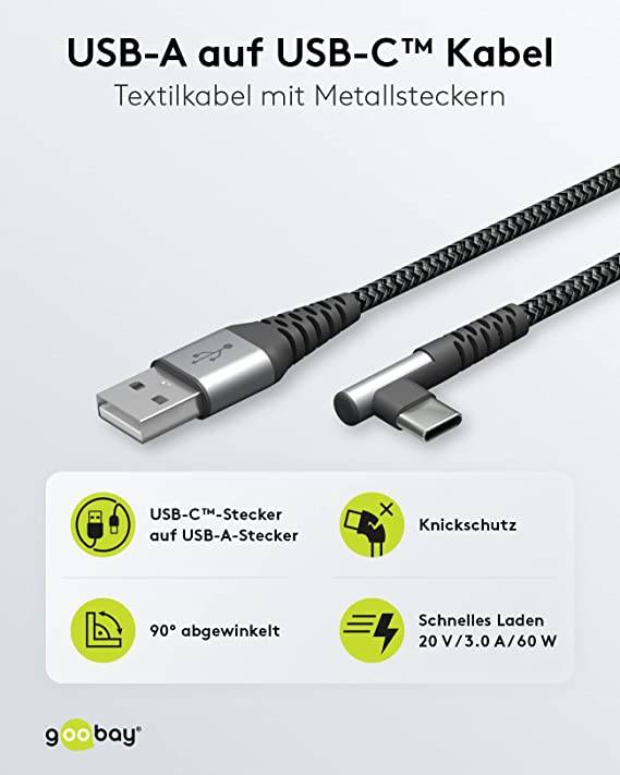 Goobay 64655 USB C auf USB A 90° gewinkelt Handykabel Ladekabel Adapterkabel 480 Mbit/s Textilkabel Stoffkabel Grau 0,5m