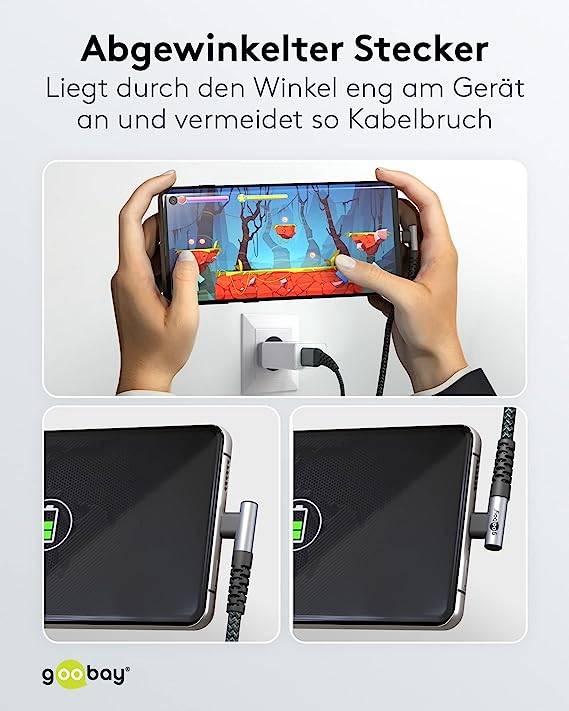 Goobay 64655 USB C auf USB A 90° gewinkelt Handykabel Ladekabel Adapterkabel 480 Mbit/s Textilkabel Stoffkabel Grau 0,5m