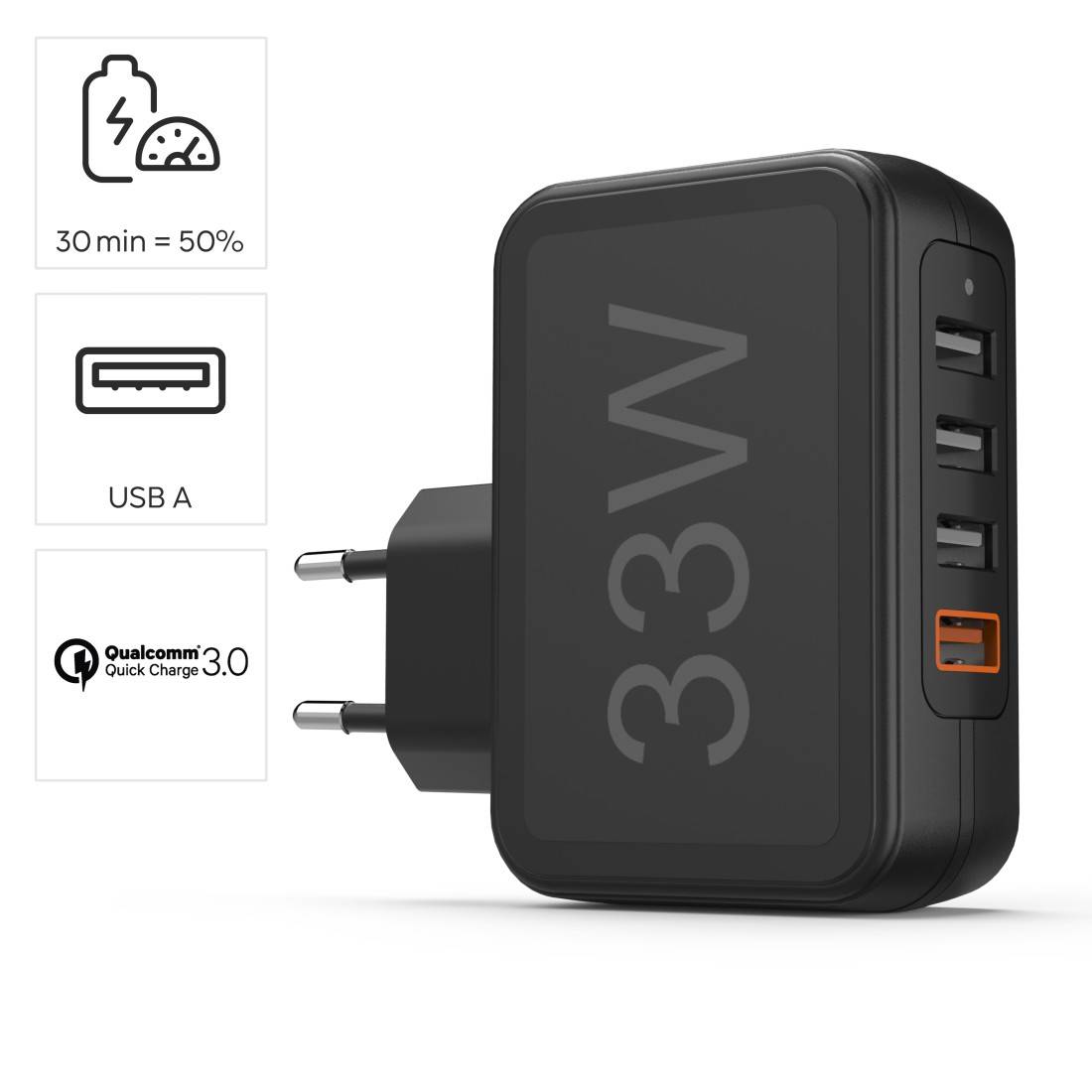 hama 00201629 Schnellladegerät, 4x USB-A, 33 W, Schwarz