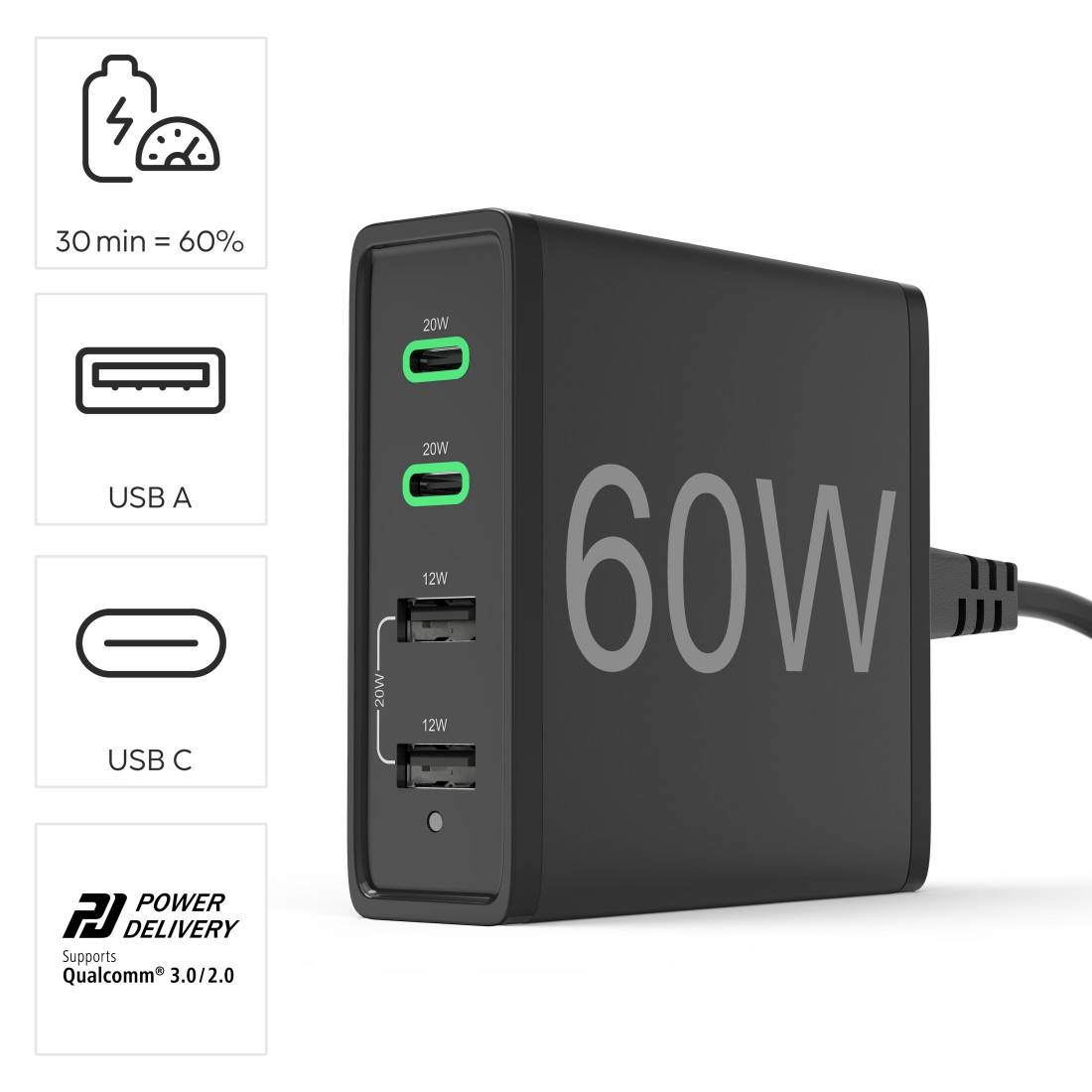 hama 00201628 Ladestation 4 Ports, Schnellladegerät, 2x USB-C, 2x USB-A, PD, 60 W, SW
