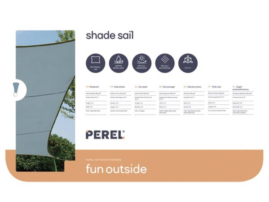 Perel Sonnensegel, wasserabweisend, 4 x 3 m, 160 g/m², Polyester, Rechteck, Hellgrau