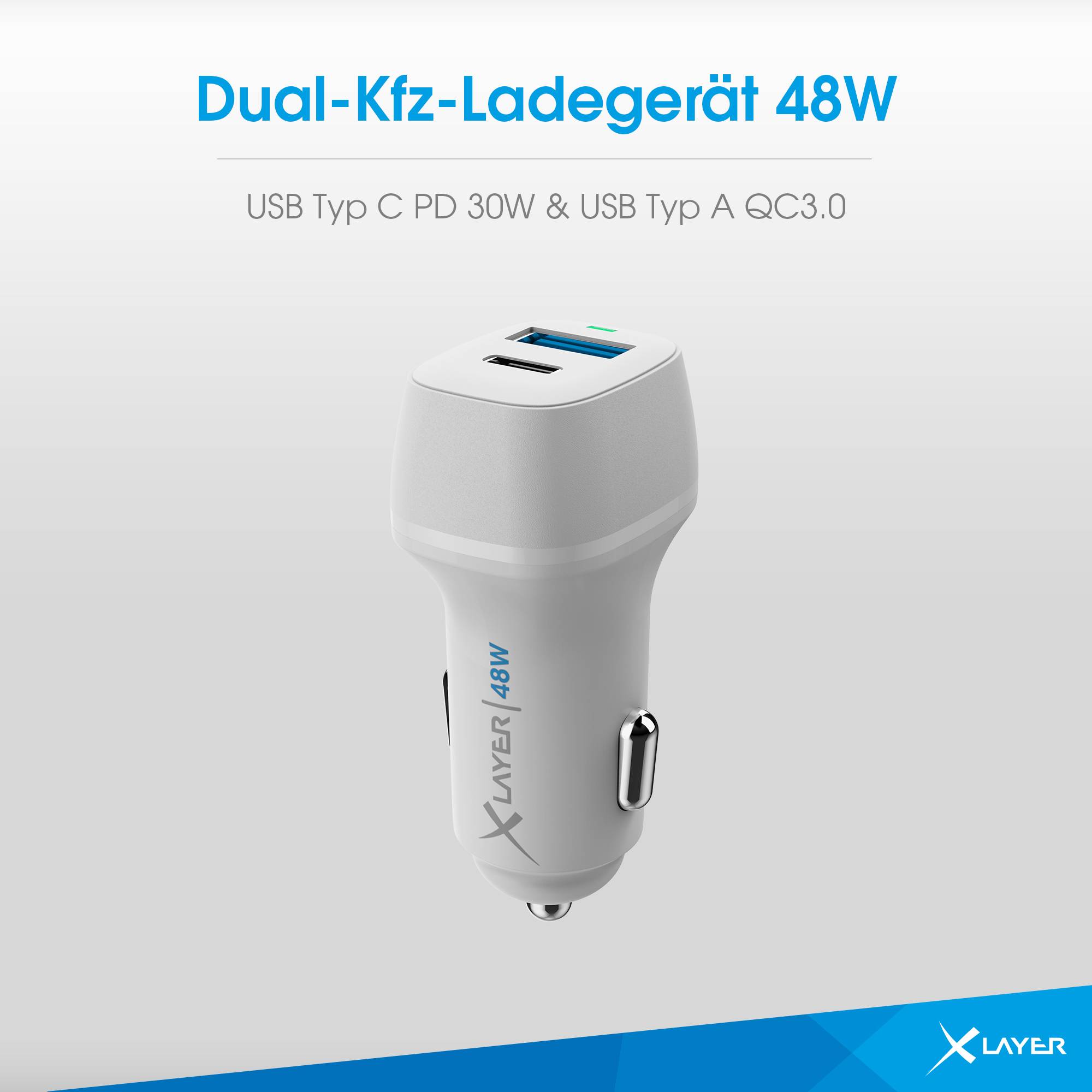 Kfz-Ladegerät XLayer Typ C PD 48W / USB QC3.0 18W Dual Car Charger White