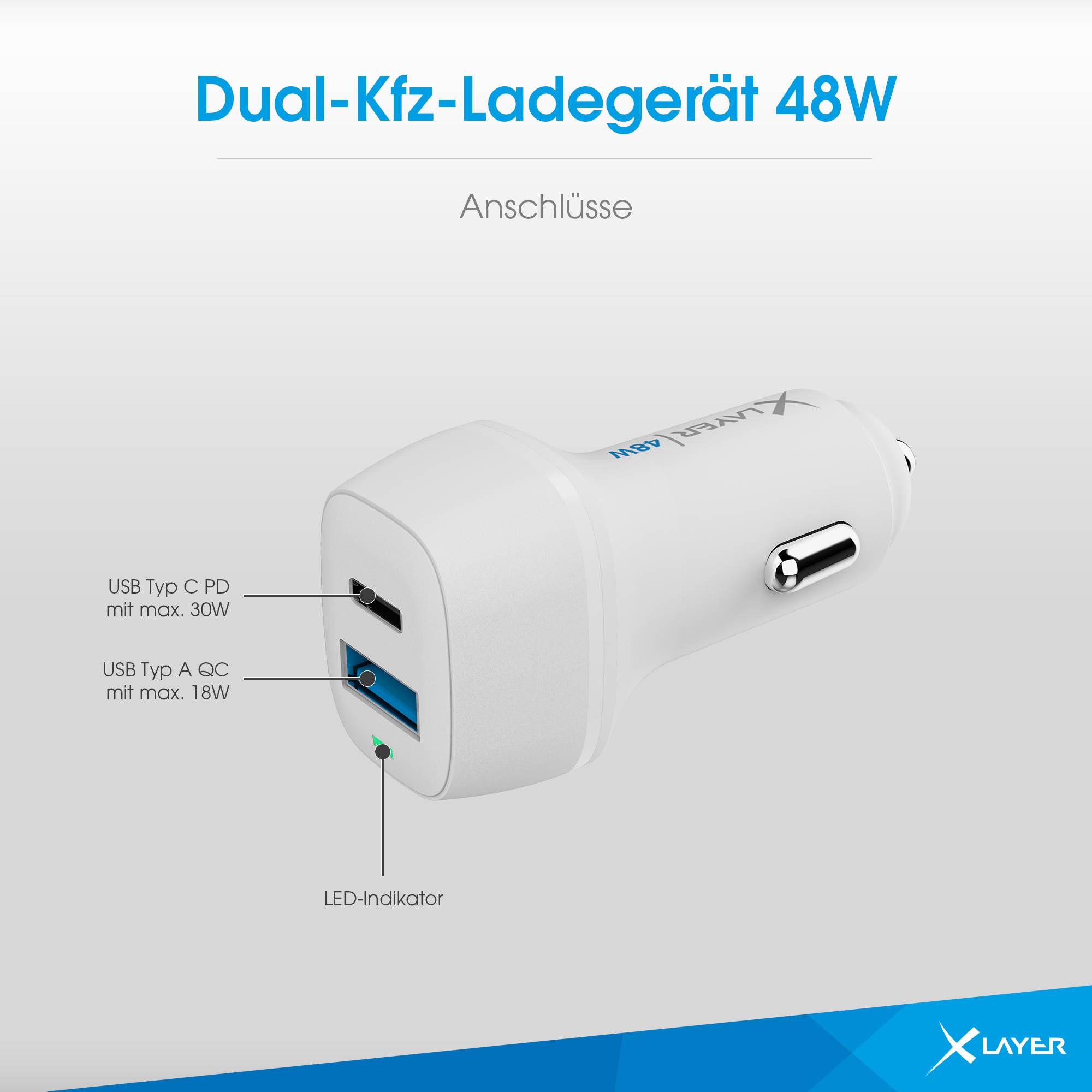 Kfz-Ladegerät XLayer Typ C PD 48W / USB QC3.0 18W Dual Car Charger White