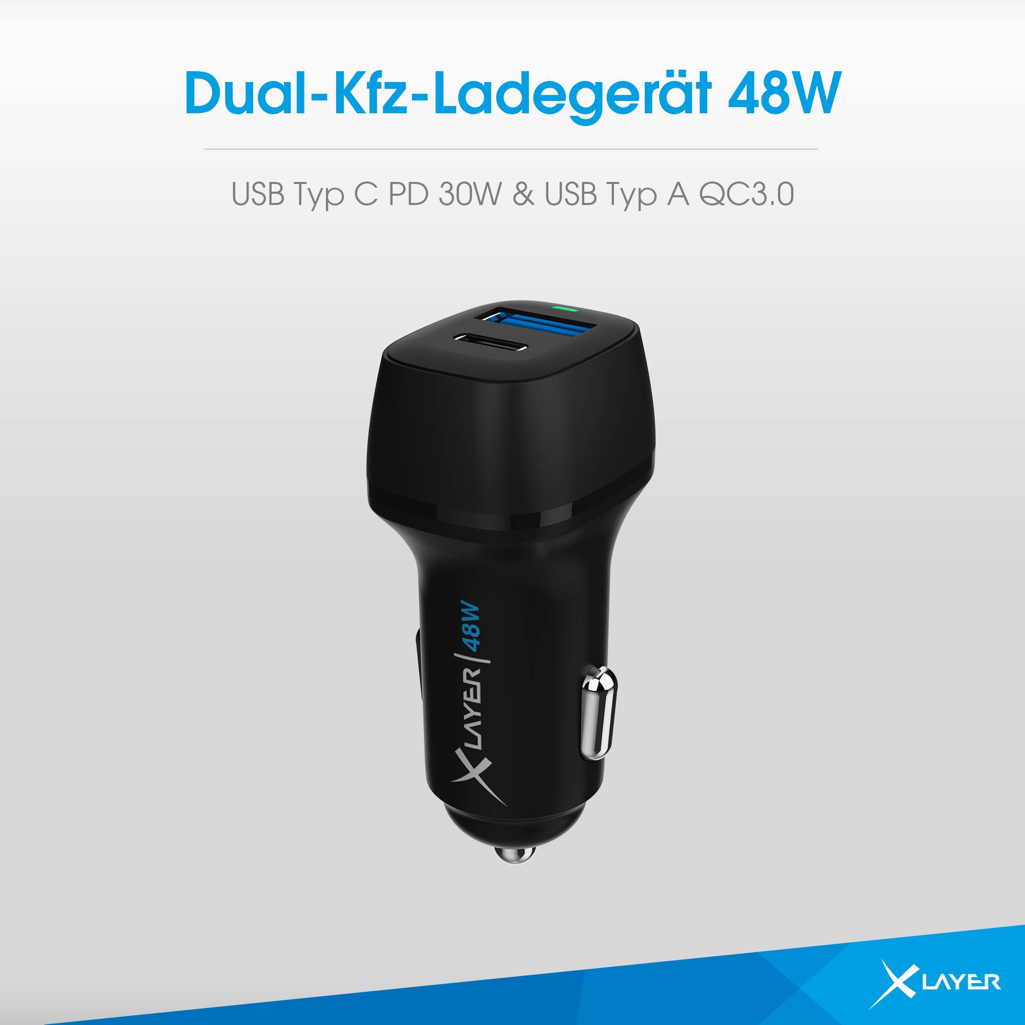 XLayer Kfz-Ladegerät Dual 48W mit USB Typ C PD 30W & USB Typ A QC 18W Black