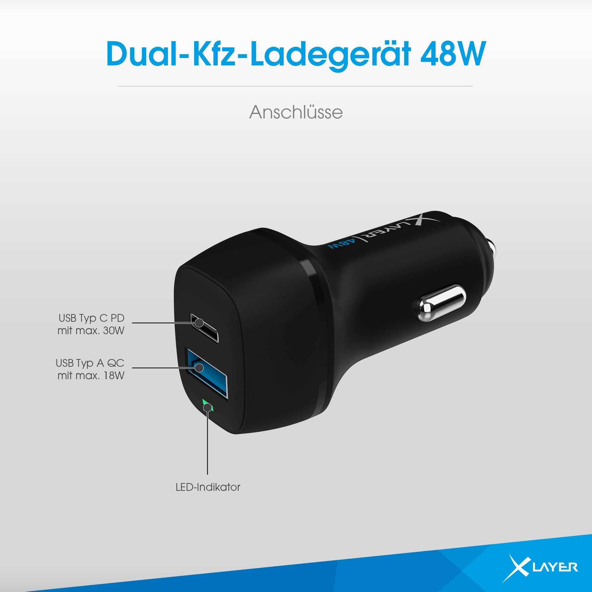 XLayer Kfz-Ladegerät Dual 48W mit USB Typ C PD 30W & USB Typ A QC 18W Black