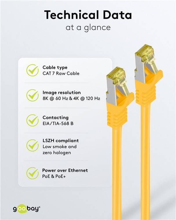 Goobay 91611 RJ45 Patchkabel CAT 6A S/FTP (PiMF) mit CAT 7 Rohkabel Netzwerkkabel 500 MHz Internetkabel LAN Gelb 3m