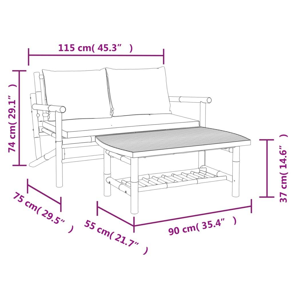 vidaXL 2-tlg. Garten-Lounge-Set mit Dunkelgrauen Kissen Bambus
