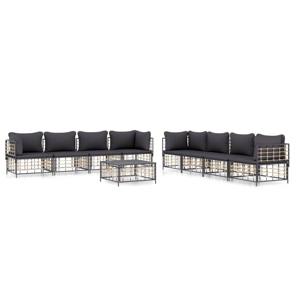 vidaXL 9-tlg. Garten-Lounge-Set mit Kissen Anthrazit Poly Rattan