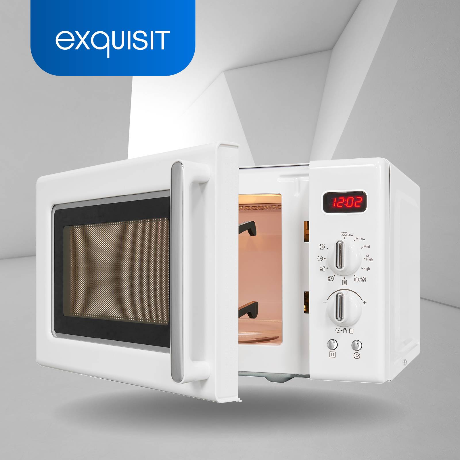 Exquisit Retro Mikrowelle RMW720-3GDIG weiss | 20 Liter | 1000 W Grill | Digitale Anzeige | Drehteller | Retro Style