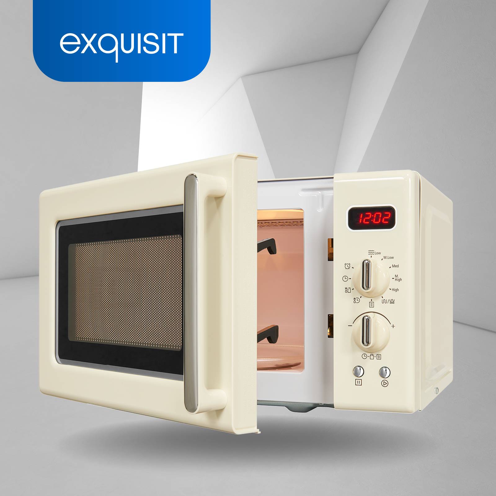 Exquisit Retro Mikrowelle RMW720-3GDIG creme | 20 Liter | 1000 W Grill | Digitale Anzeige | Drehteller | Retro Style