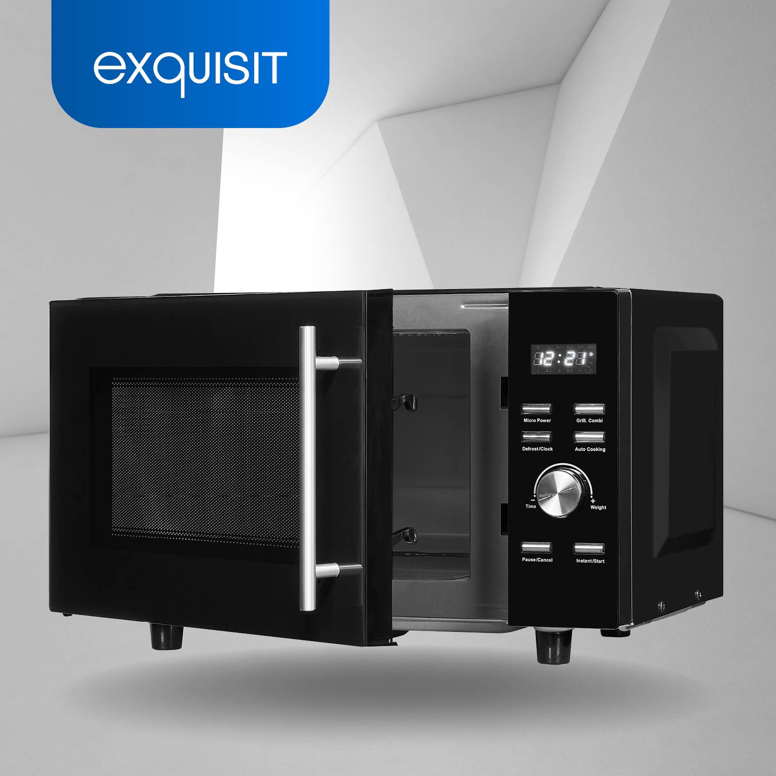 Exquisit Mikrowelle MW8023-F-240DIG schwarz | 750 Watt | 1000 Watt Grill | 23 Liter | 5 Stufen | Flatbed