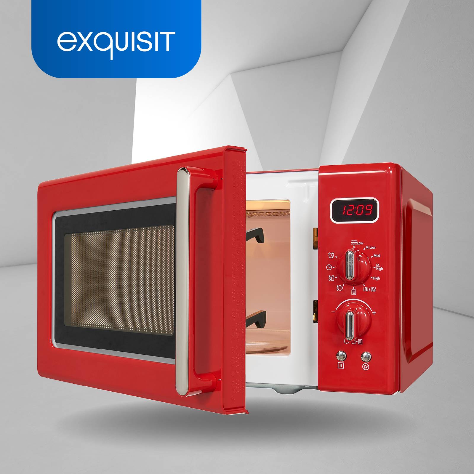 Exquisit Retro Mikrowelle RMW720-3GDIG rot | 20 Liter | 1000 W Grill | Digitale Anzeige | Drehteller | Retro Style