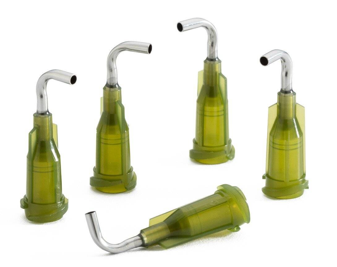 Dosiernadel 0,5", 90° abgewinkelt, Gauge 14, oliv, gebogen