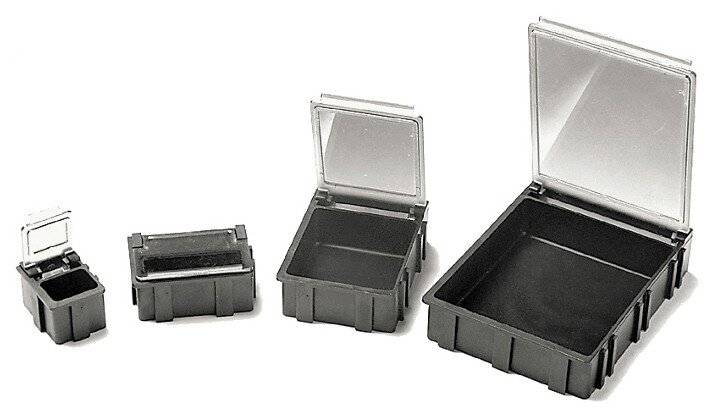 SMD-Klappbox, schwarz mit transparentem, metallisiertem Deckel, 68x57x15 mm