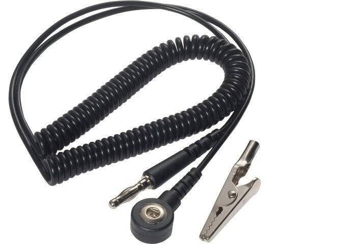 ESD Spiralkabel, 1 MOhm, schwarz, 2,4 m, 3 mm Druckknopf, Bananenstecker, Krokodilklemme