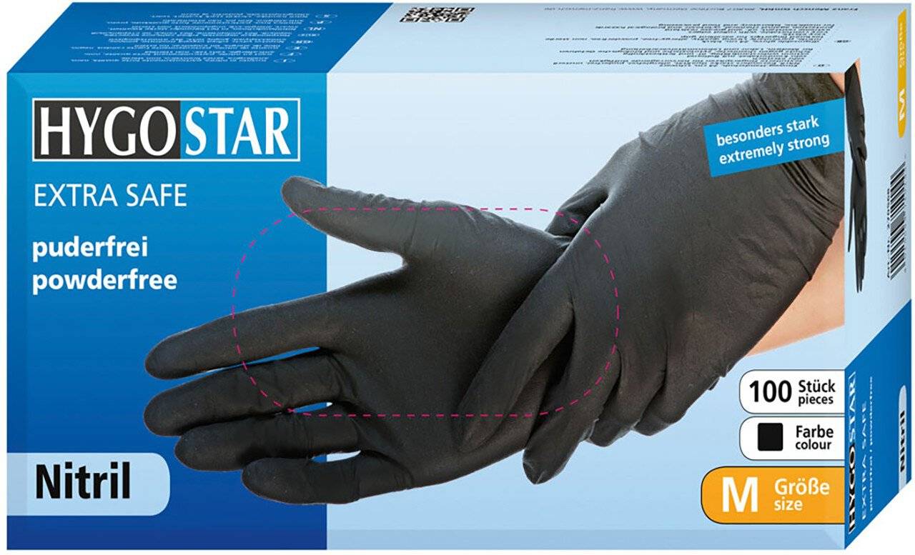 Hygostar Nitrilhandschuh EXTRA SAFE, schwarz, Größe M, puderfrei