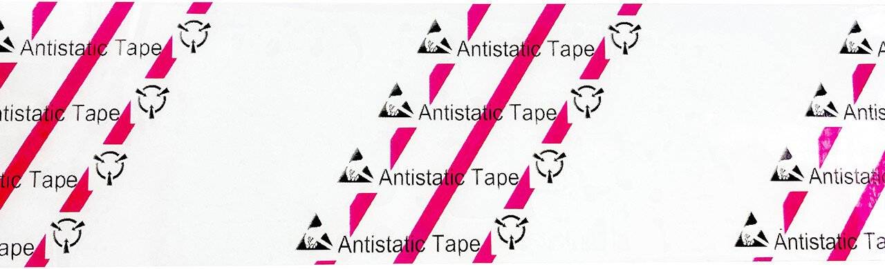 ESD-Klebeband mit ESD-Warnsymbol, transparent/rot, 48mm, 36m