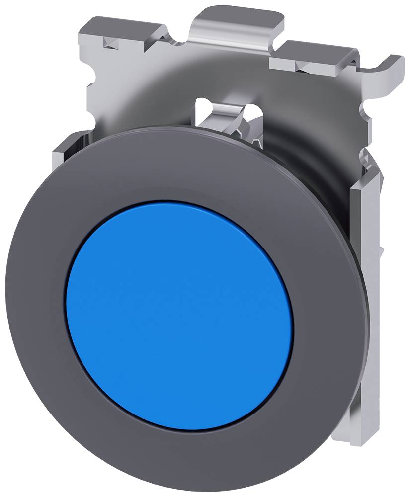 Drucktaster, 30 mm, rund, Metall, matt, blau, Frontring für flachen Einbau, tastend