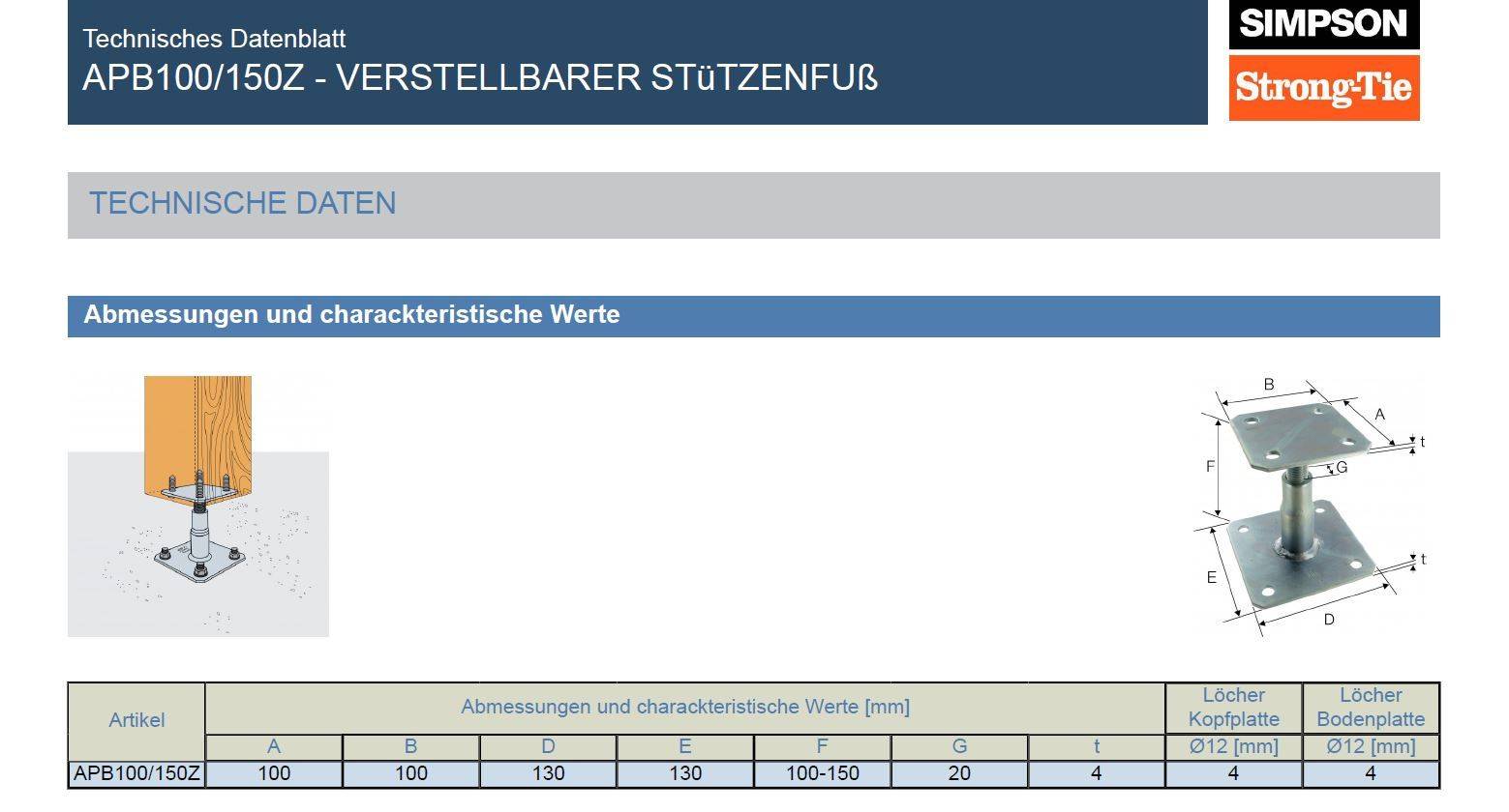 Simpson Stützenfuß APB100/150Z Stahl Zink-Nickel-Überzug nivellierbar 100 - 150 mm