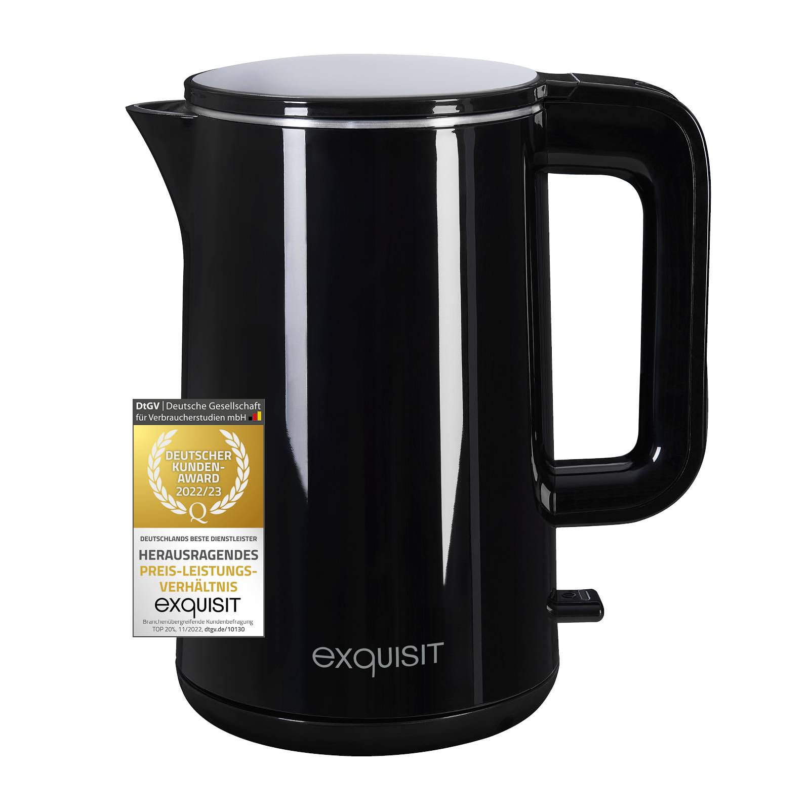 Exquisit Wasserkocher WK 6103 sw | 1,5 Liter Volumen | 2200 W | automatische Abschaltung | doppelwandig | Schwarz-inox