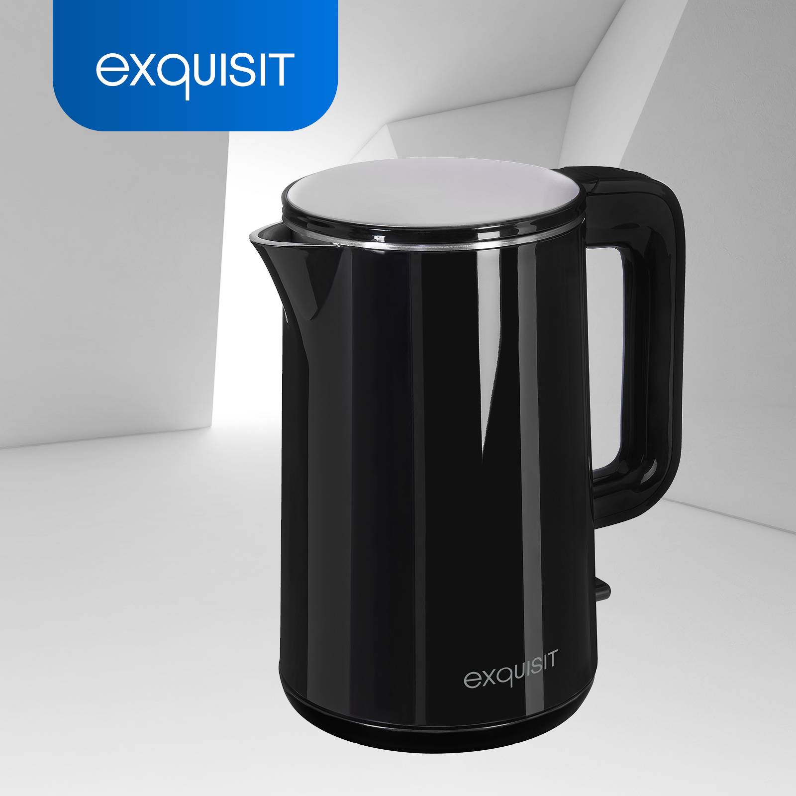 Exquisit Wasserkocher WK 6103 sw | 1,5 Liter Volumen | 2200 W | automatische Abschaltung | doppelwandig | Schwarz-inox