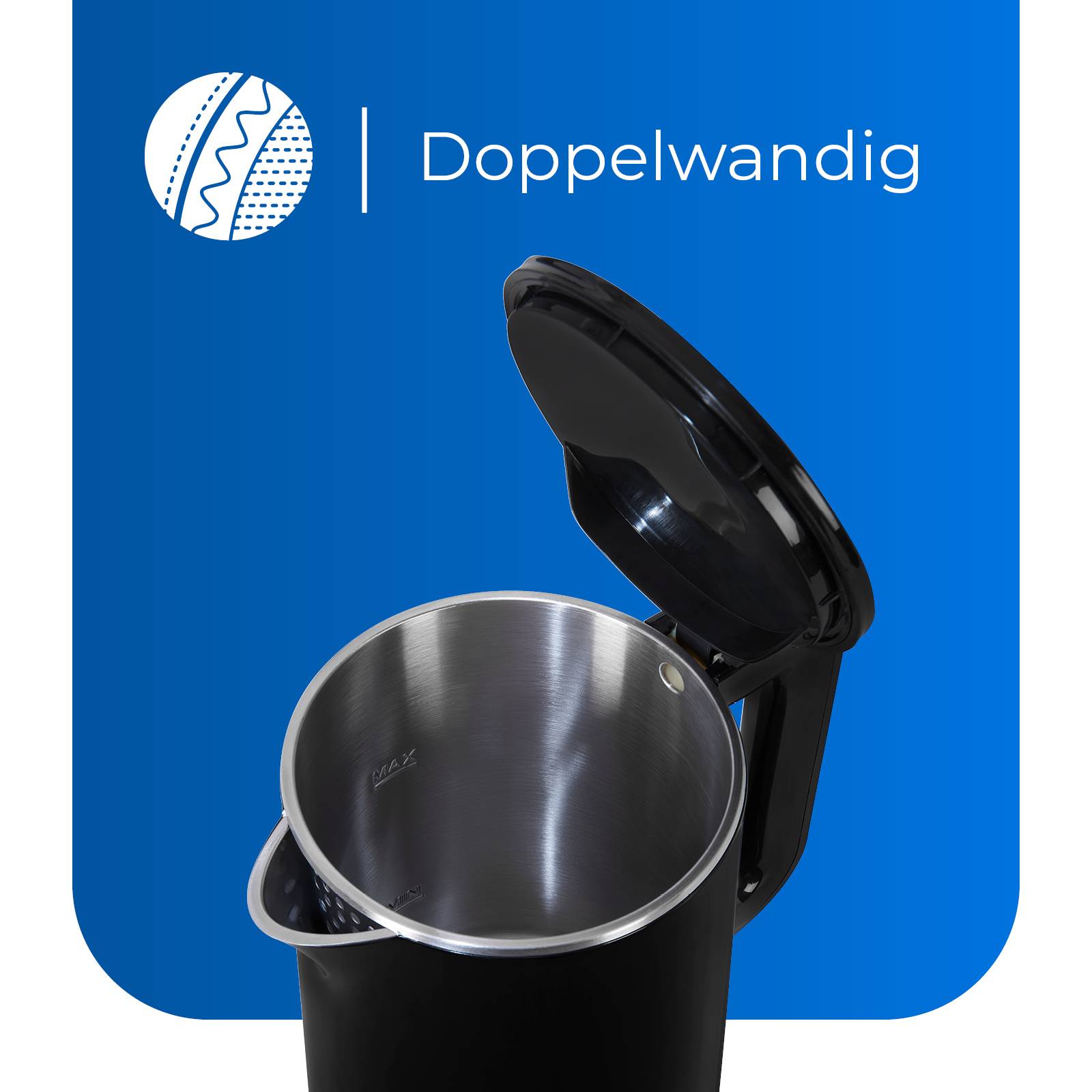 Exquisit Wasserkocher WK 6103 sw | 1,5 Liter Volumen | 2200 W | automatische Abschaltung | doppelwandig | Schwarz-inox