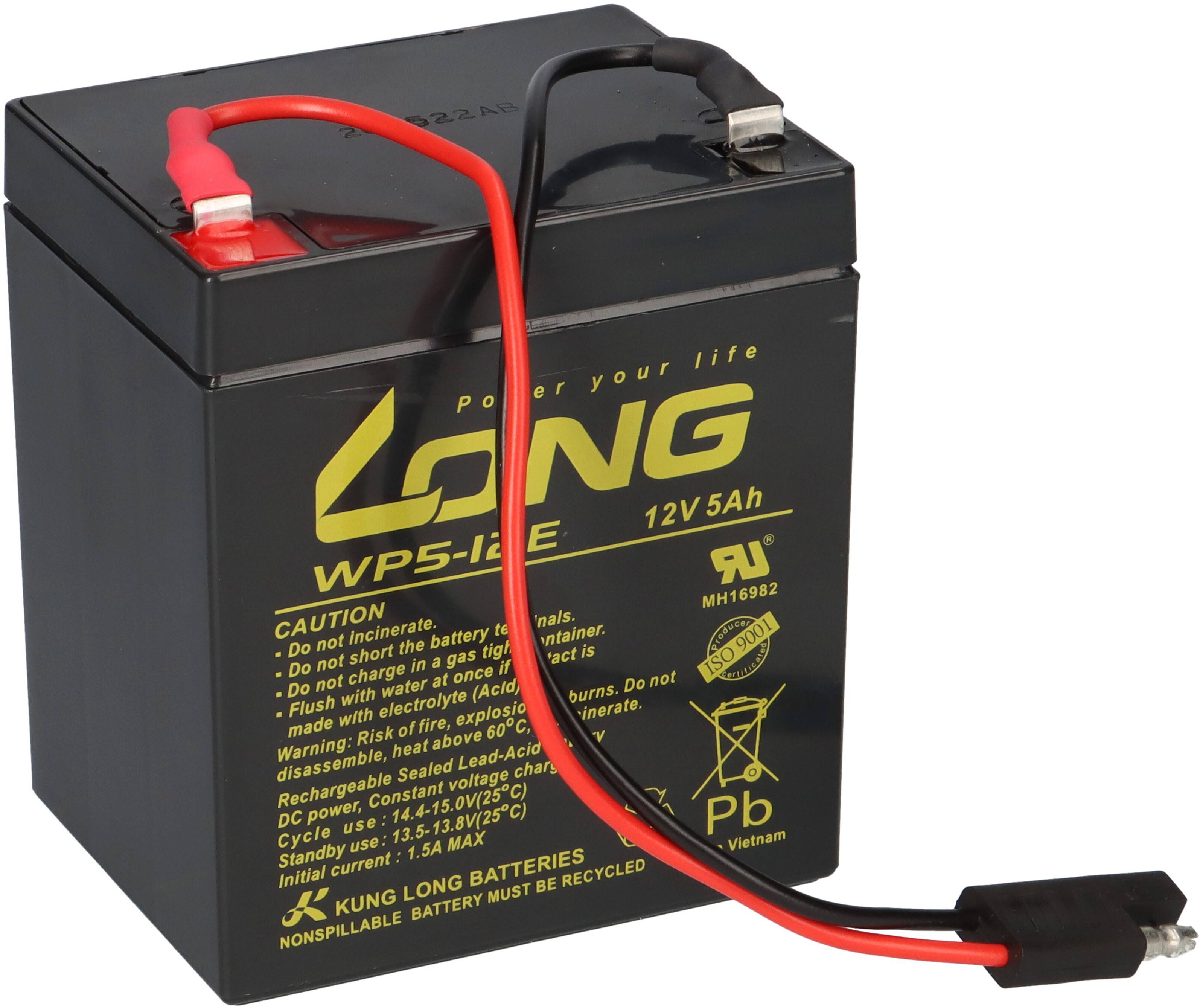 Kung Long Blei Akku AGM 12V 5 Ah WP5-12 mit Stecker für Rasenmäher z.B. Sabo 43-Vario E Toro Briggs Stratton