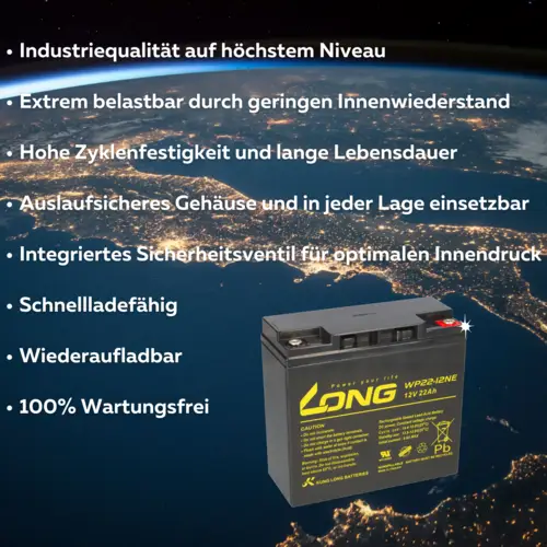 Kung Long Akku 12V 22Ah Bleibatterie WP22-12NE Zyklenfest Kung Long Akku 12V 22Ah Bleibatterie WP22-12NE Zyklenfest