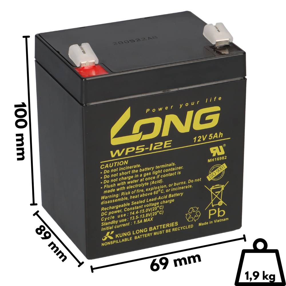 Kung Long WP5-12E 12V 5Ah AGM Bleiakku F2 6,3mm zyklenfest