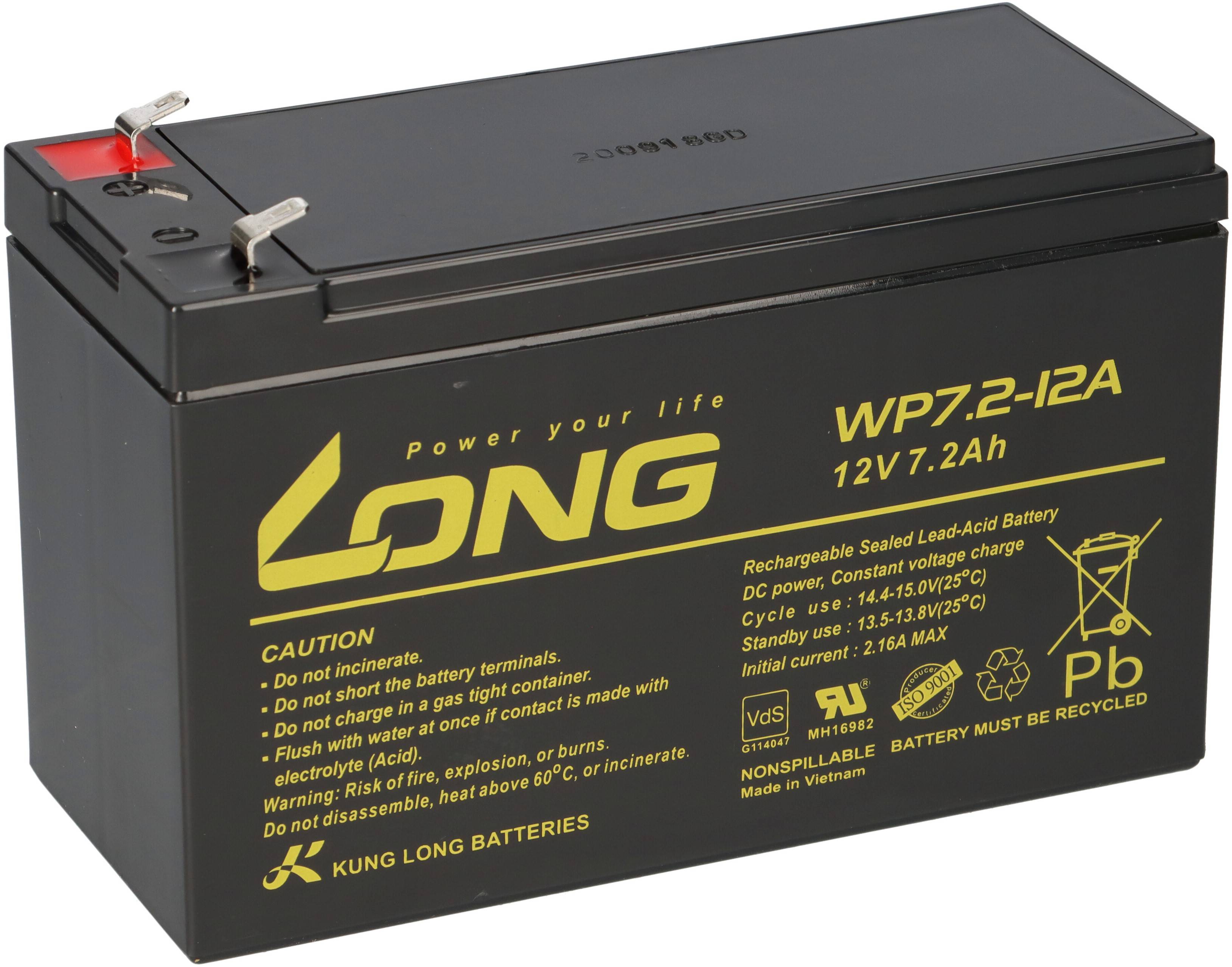 Kung Long VdS WP7.2-12A F1 12V 7,2 Ah Blei AGM Akku 4,8mm Faston