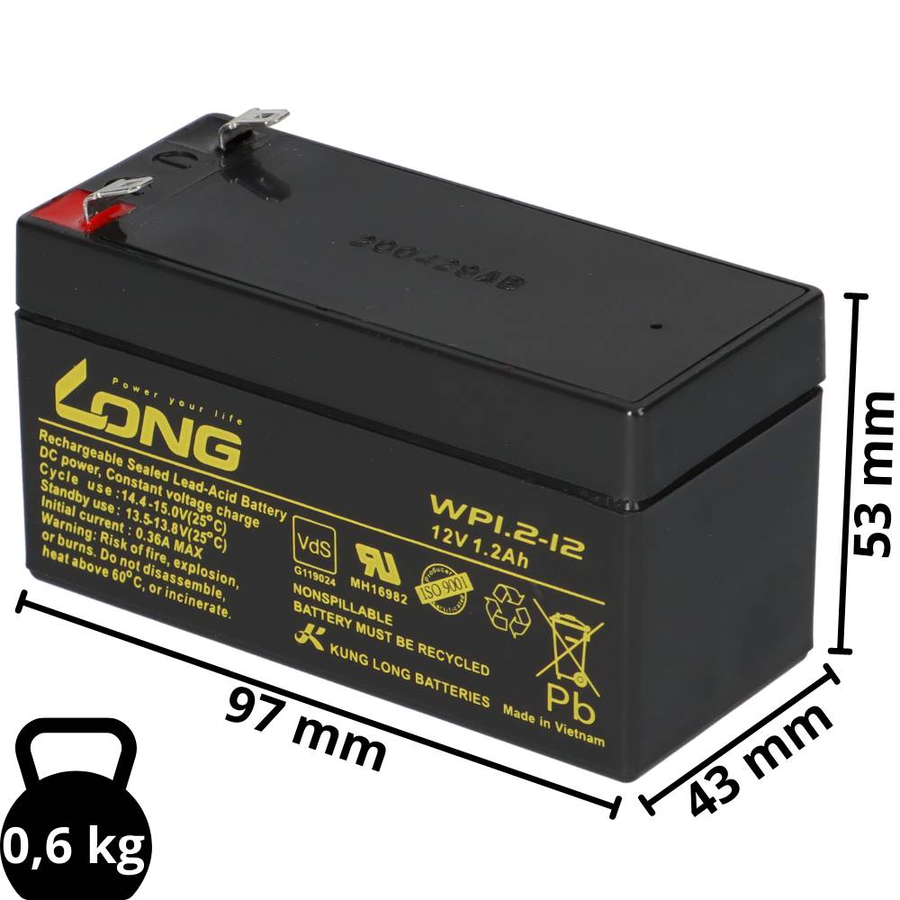 Kung Long WP1.2-12 12V 1,2Ah AGM Batterie Blei wartungsfrei VdS battery