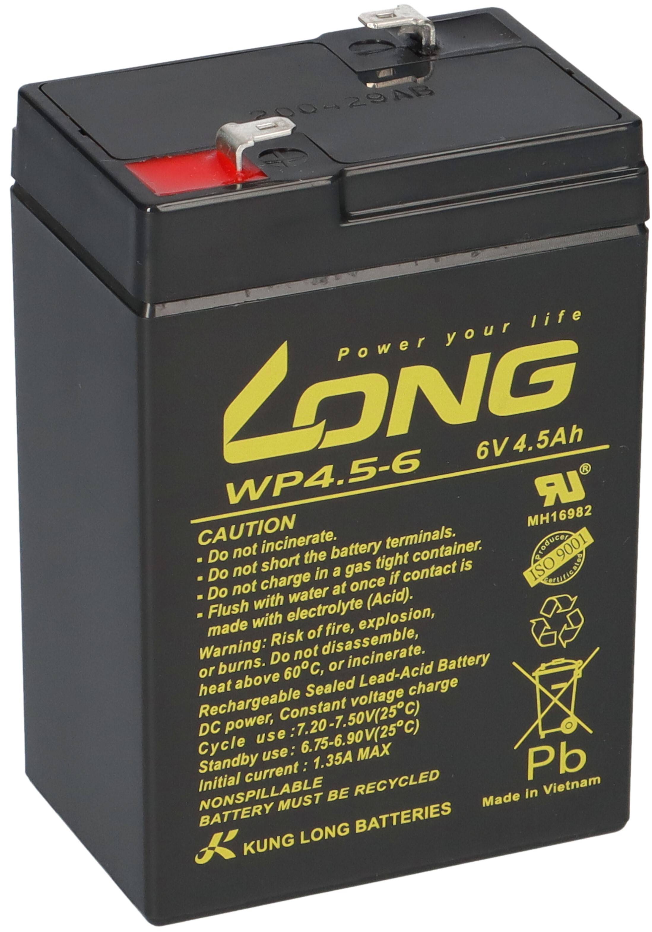 Kung Long Akku WP4.5-6 AGM Blei Vlies 6 Volt 4,5Ah mit Faston 4,8mm