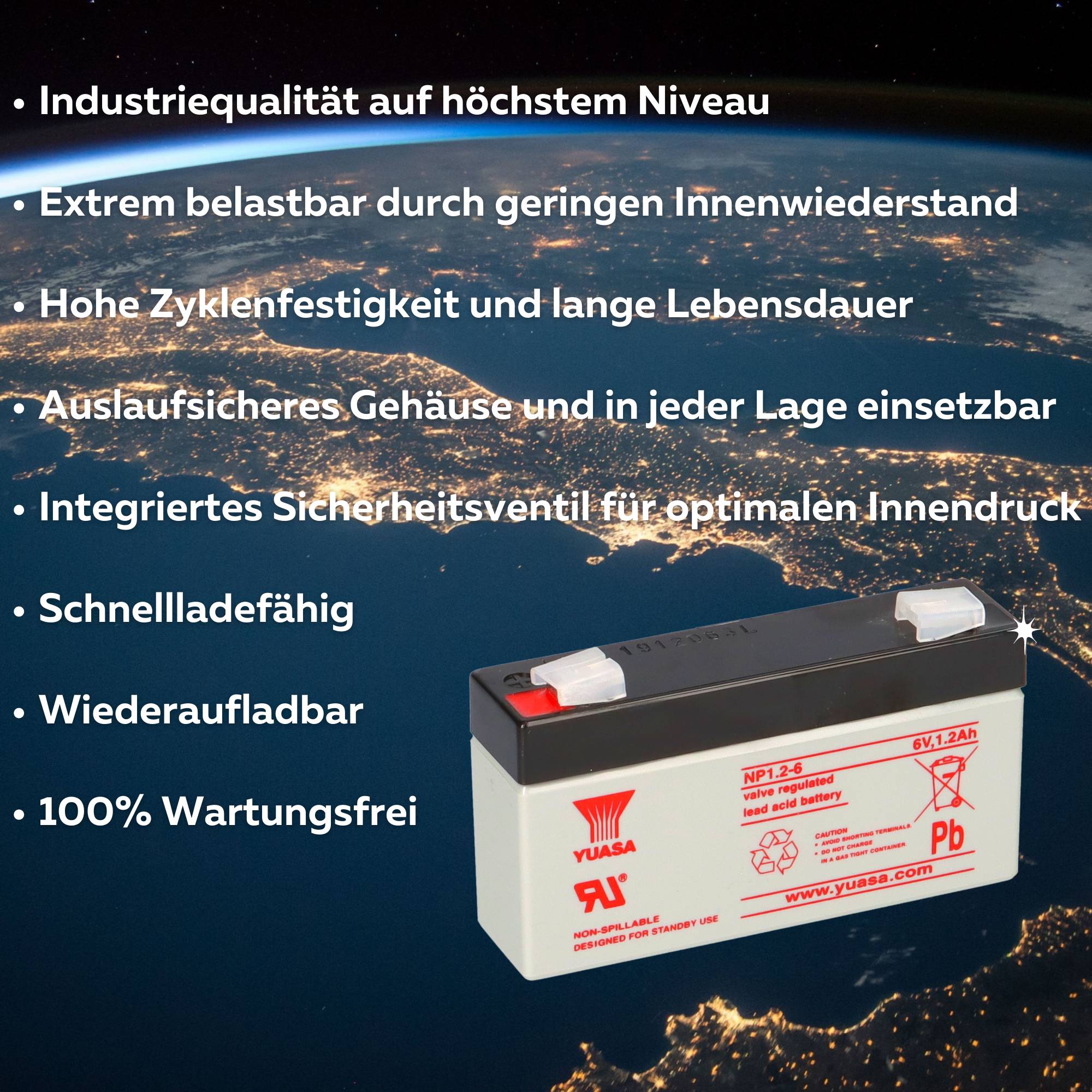 Yuasa Blei-Akku NP1.2-6 Pb 6V 1,2Ah Faston 4,8