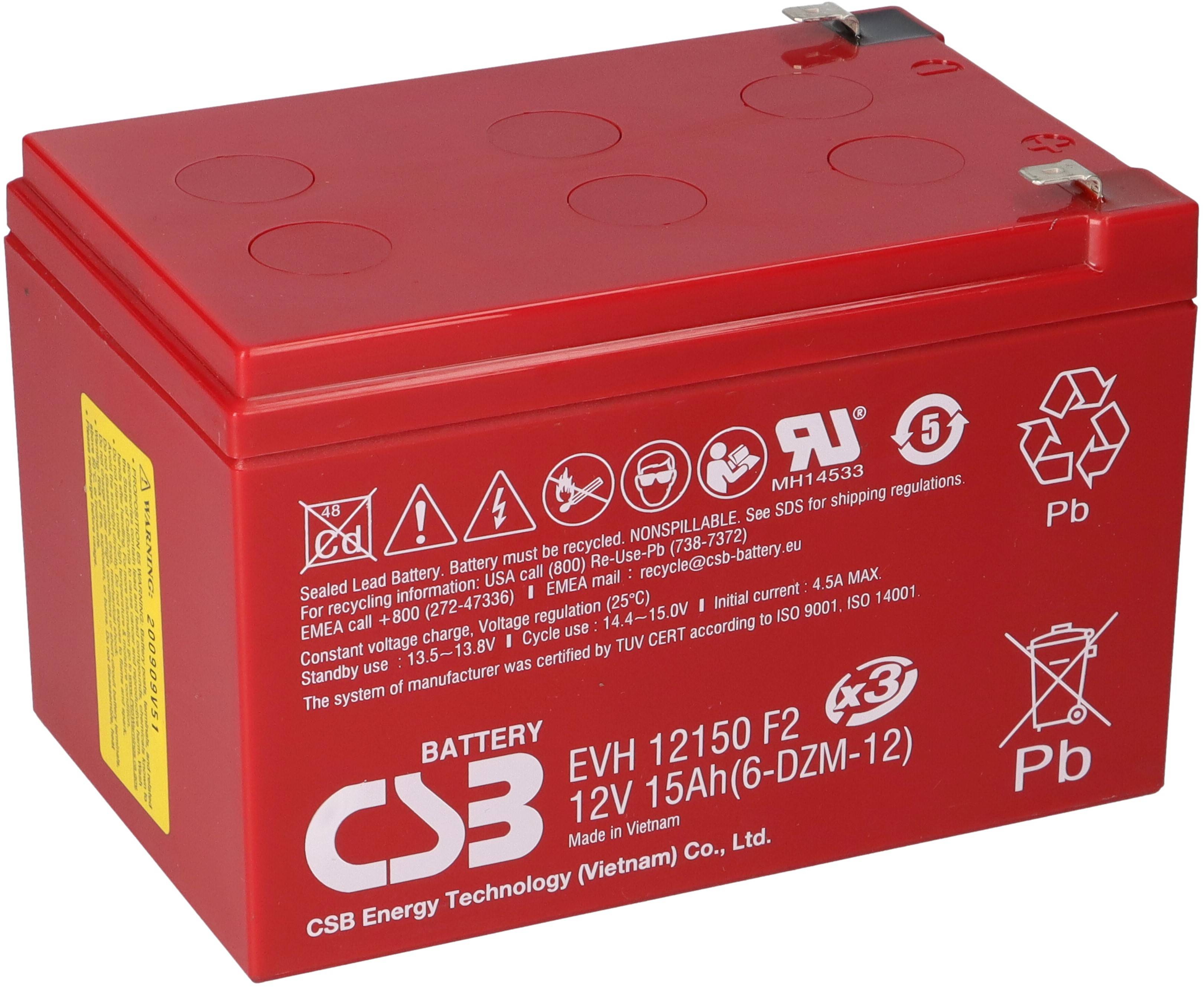 CSB EVH12150 High-Cycle AGM Bleiakku 12V 15Ah T2 / Faston 6,3 mm