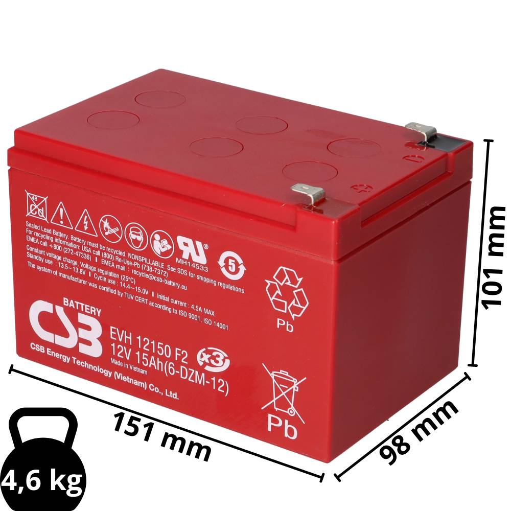 CSB EVH12150 High-Cycle AGM Bleiakku 12V 15Ah T2 / Faston 6,3 mm