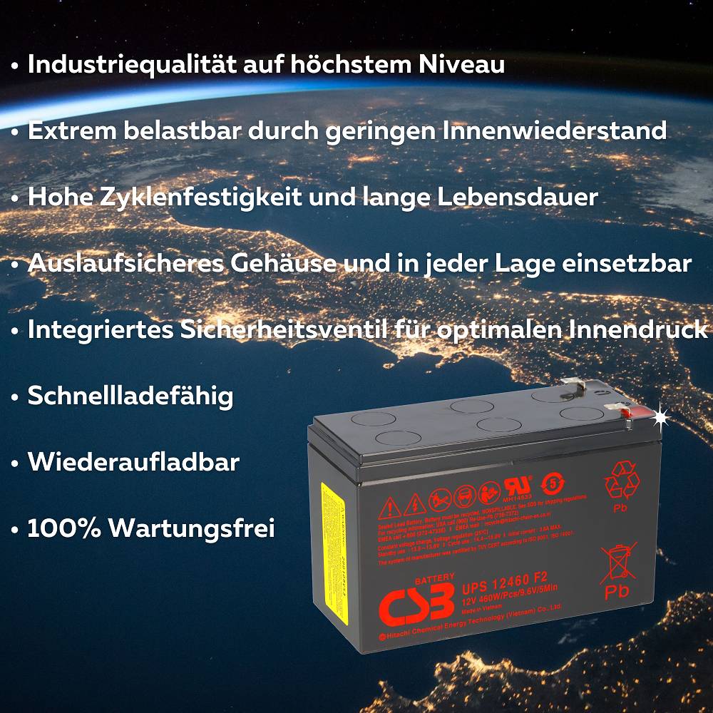 CSB UPS12460 Extreme High-Rate AGM Bleiakku 12V 9,3Ah 460 W Hochstromleistung gemäß Modell T2 / Faston 6,3 mm