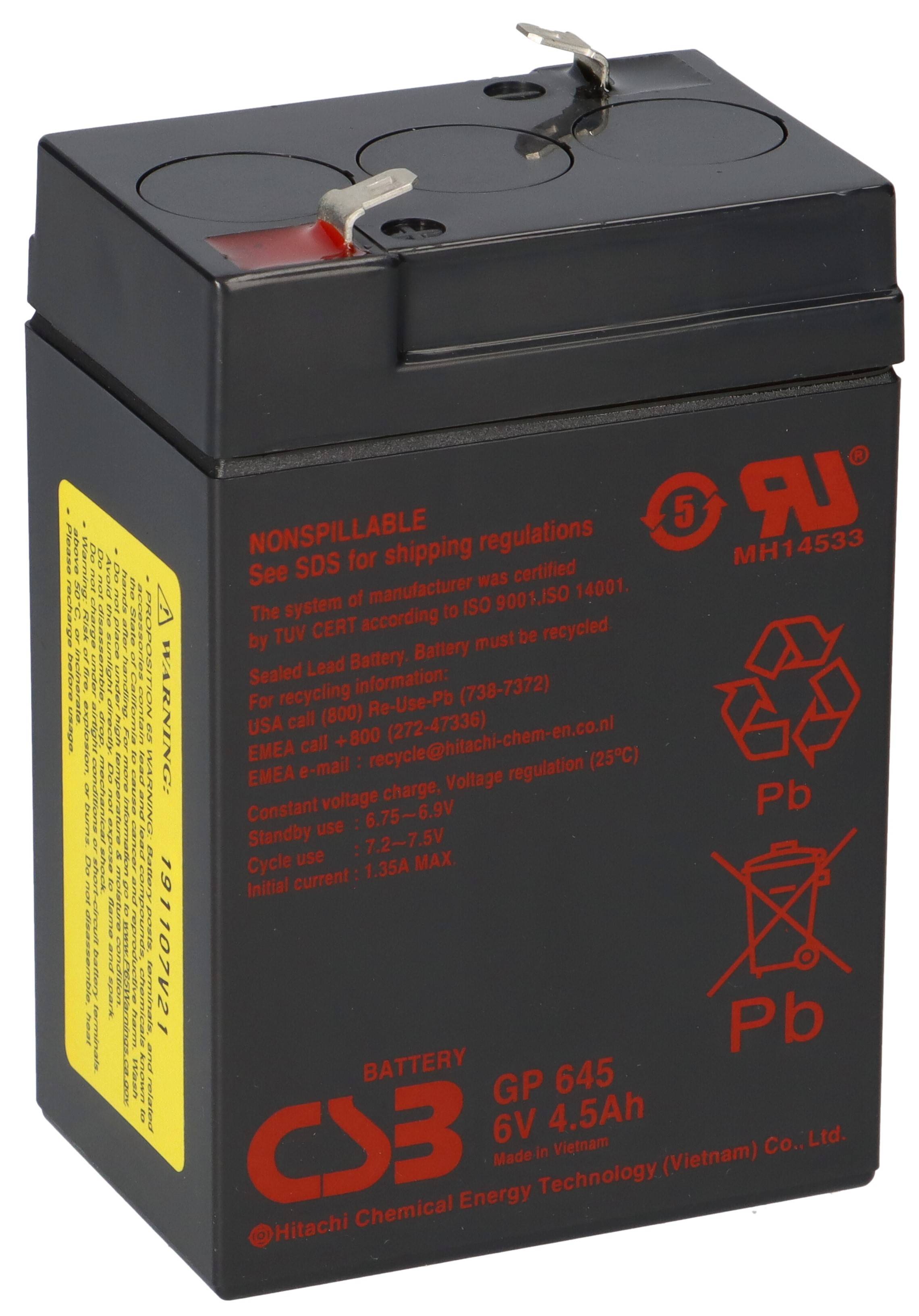 CSB GP645 AGM Bleiakku 6V 4,5Ah T1 / Faston 4,8 mm