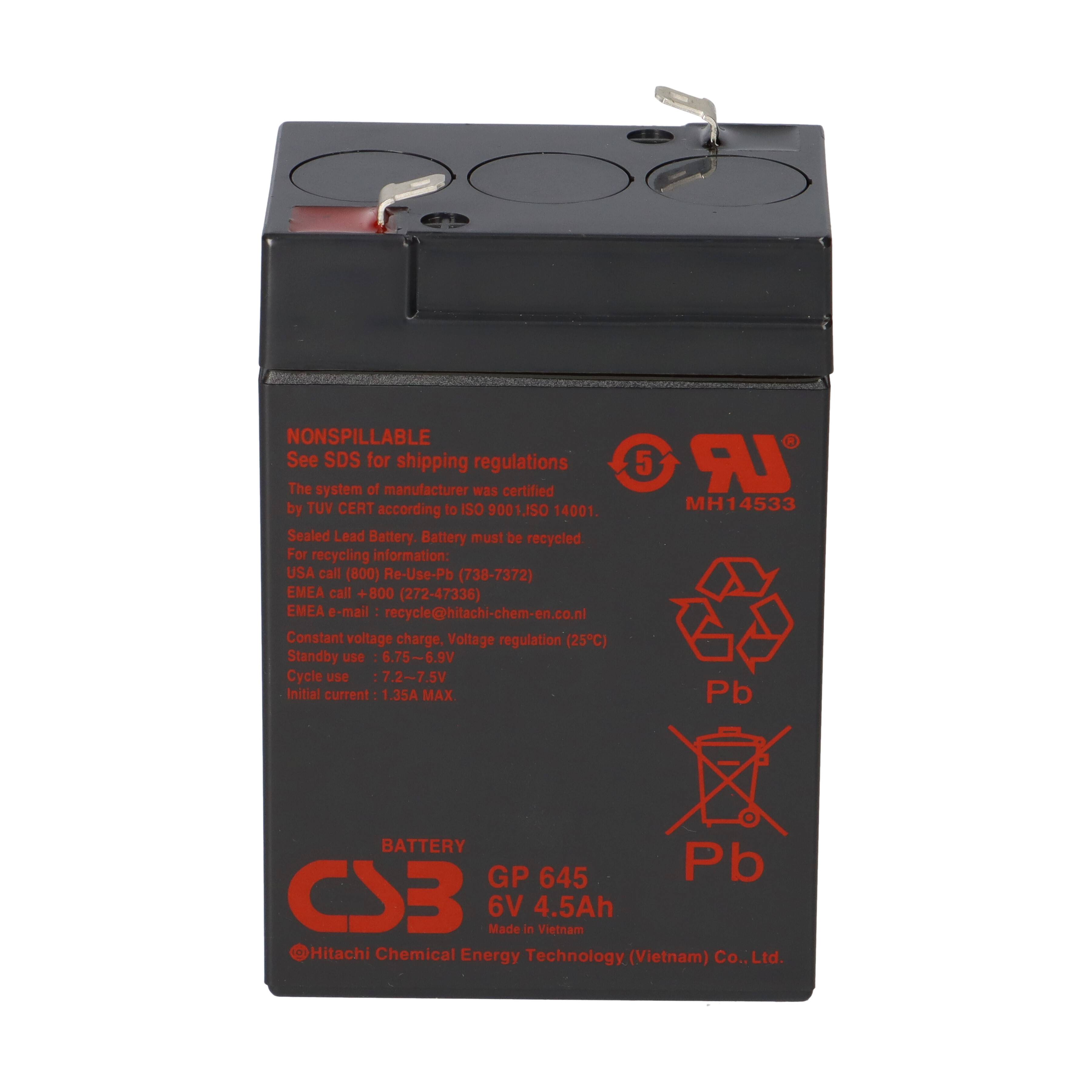 CSB GP645 AGM Bleiakku 6V 4,5Ah T1 / Faston 4,8 mm
