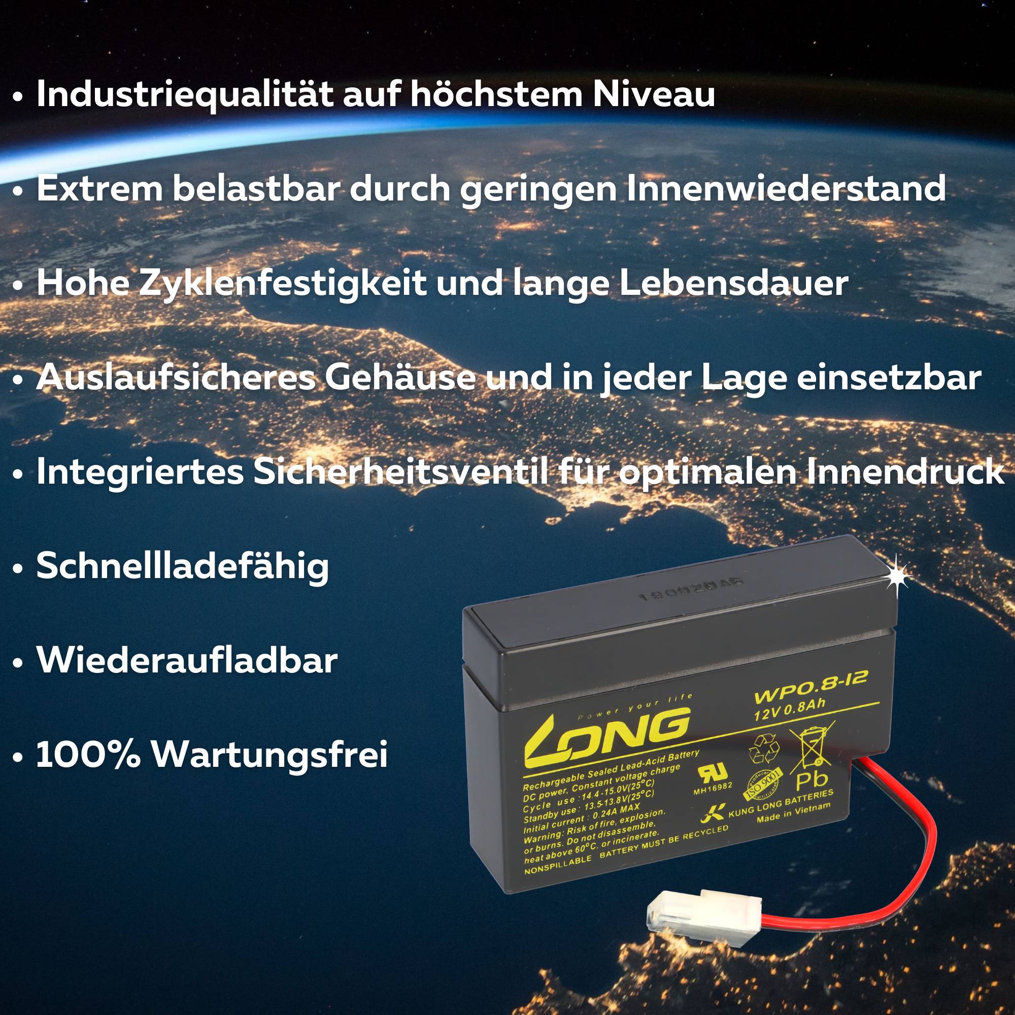 Kung Long WP0.8-12 12V 0,8Ah AGM Bleiakku mit Stecker