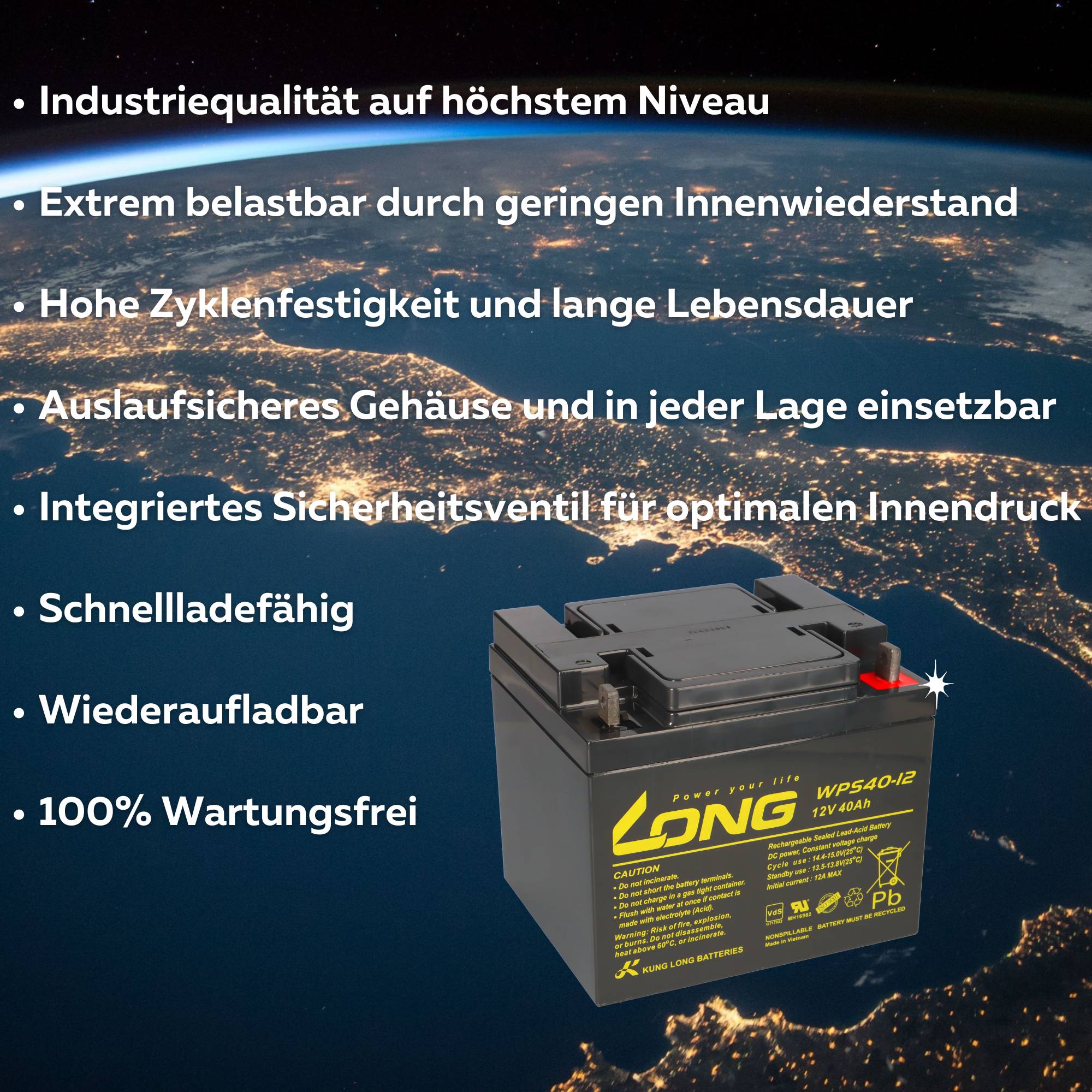 Kung Long WPS40-12 12V 40Ah AGM Bleiakku M6 VdS