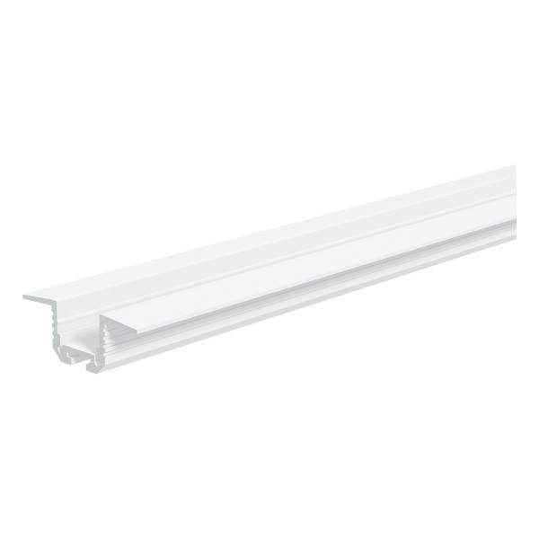 Ein weißes Aluminium-U-Profil, seitlich gezeigt, dient zur Befestigung von LED-Streifen in einer linearen Installation.